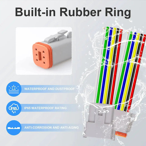 Close-up of 2 Pack 12 Pin Waterproof DT Connector Set with male and female wires, showing rubber ring and PA66 housing.