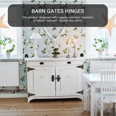 Interior shot featuring self-closing gate latch kit with tee hinge and 4-inch T-strap hinges on white cabinet doors, black finish.