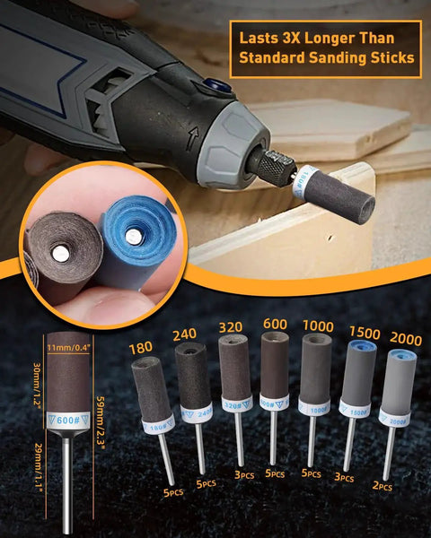 28 Piece Sanding Drums And Sandpaper Sticks Set For Dremel Rotary Tool with various grits for metal rust removal and stone grinding.