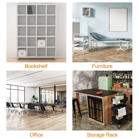 Collage of four images showing a bookshelf, office furniture, storage rack, and office space with modern design and furnishings.