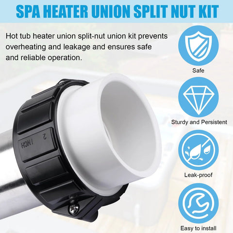 XT hot tub heater split-nut union with 2-inch half-slip tailpiece, white plastic, black locking collar.