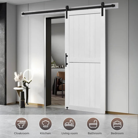 Image of 36x84 Inch MDF Barn Door Kit with 6.6 Ft Sliding Hardware, solid PVC surface shown installed in a modern living room.