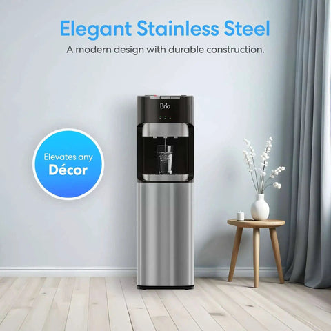 Bottom Load Water Dispenser For Five Gallon Bottles With Hot Cold And Room Temperature Water, Stainless Steel Finish in a living room