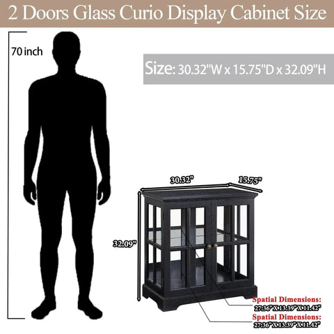 30 Inch Glass Curio Display Cabinet With LED Lighting Modern Two Lattice Doors shown with dimensions next to human silhouette