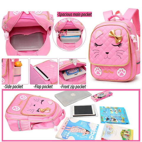 Girls Rolling Backpack Trolley School Bag With Cat Face Bowknot Pink Reflective Strip Cute Luggage For Kids compartments