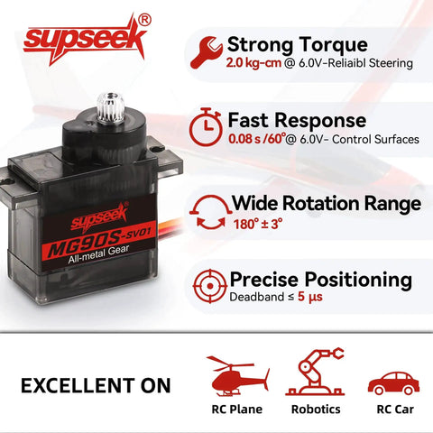 9G Micro Servo Motor Kit With Metal Gears, High Torque 2.0 Kg Cm, Fast 0.08 Sec Per 60 Degrees, 180 Degree Rotation for RC Planes