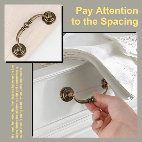 Installing Antique Drop Bail Drawer Pulls Set Of Four In Bronzed Finish on a dresser, showing correct spacing for kitchen cabinets and wardrobes.