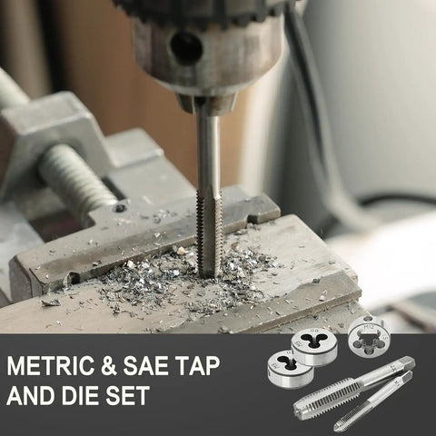 40 Piece Tap And Die Set With Metric M3 To M12 And SAE Sizes Pro Grade All In One Threading Kit in use for metal threading