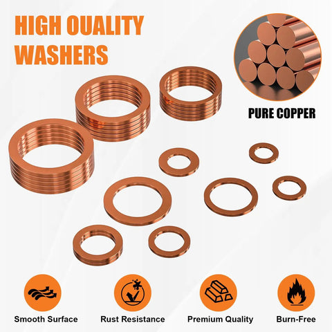 Copper Washer Kit 100 Pcs Ten Sizes From M5 To M20 Premium Copper Crush Gasket Assortment for sealing and oil drain plug projects.