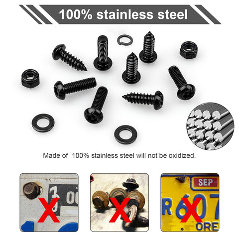 Black Anti Theft License Plate Screw Kit With M6 Tamper Proof Screws One Quarter Inch Stainless Steel 304 Includes Caps And Fastener Nuts For Front And Rear Plate Frames Weatherproof Rust Resistant Car Tag Mount Hardware shown with washers and bolts close-up.