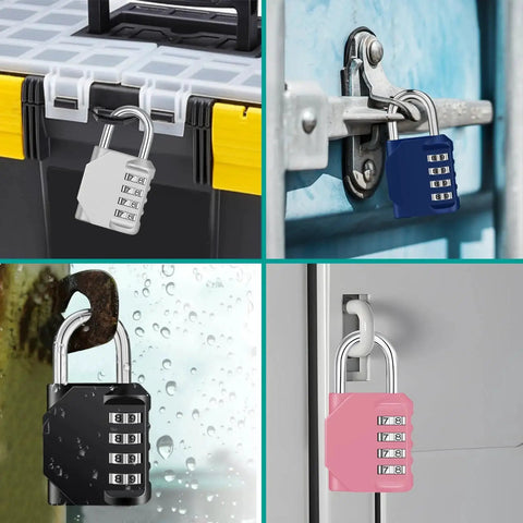 4 Digit Combination Padlock For Outdoor, School And Gym Pink in use on lockers and storage, showcasing weatherproof zinc alloy design.