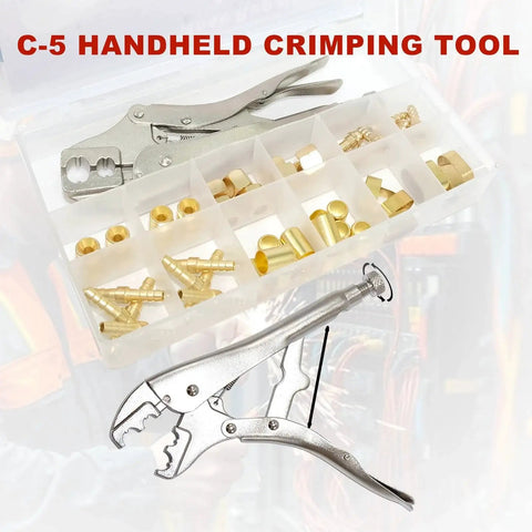 Oxygen and Acetylene Torch Hose Repair Kit 1/4 Inch ID Crimper B Size Fittings with brass components and crimping tool visible
