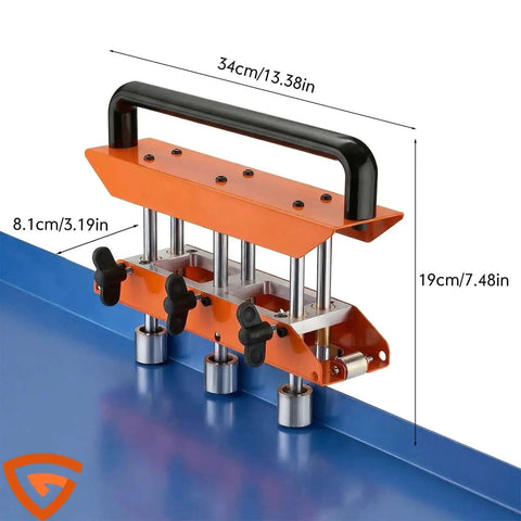 3-Station Sheet Metal Roller Bender for 0-90 Degree Bends, with large radius roller, shown in side view on blue surface