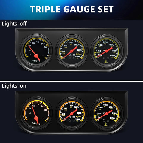 MH 2-inch 52mm triple gauge set for cars in a black dash panel: voltmeter, oil pressure 0–150 PSI, water temperature 100–280°F.