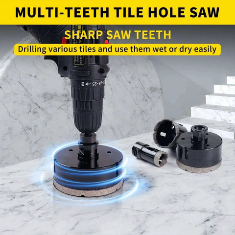 Drill using Beast Diamond Core Drill Bit Set For Porcelain Tile Ceramic Marble Granite Including 13 Piece Kit with hole saws