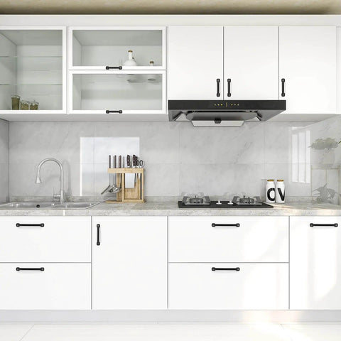 Black 5 Inch Arch Cabinet Pulls Set Of 30 For Kitchen Cabinets And Dresser Drawers installed on white kitchen cabinets.