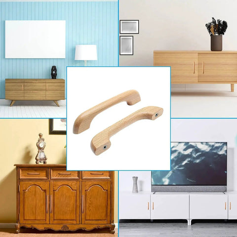 Ten Pack Natural Beech Wood Cabinet Pulls Handles for kitchen cabinets and drawers with clear coat finish, shown in various room styles.