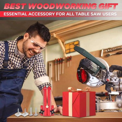 Person using Thin Rip Jig Table Saw Guide For Repetitive Narrow Strip Cuts Built From Anodized Aluminum next to saw and tool parts