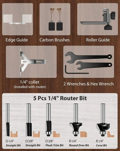 Beefy 630W Wood Router Tool attachments including edge guide, carbon brushes, roller guide, collet, wrenches, and 5 router bits.