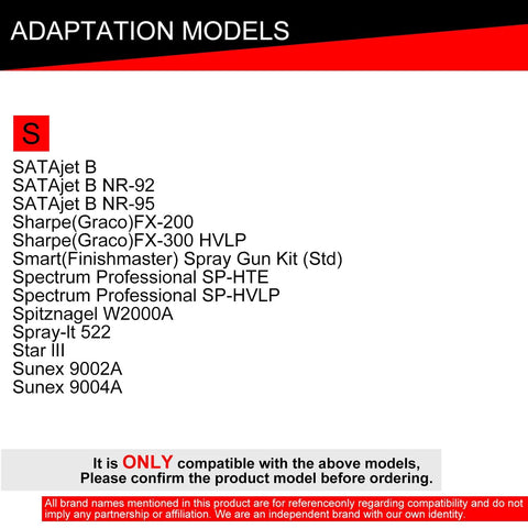 Spray gun adapter compatibility chart listing 13 models, including SATAJet B and Sunex 9002A/9004A.