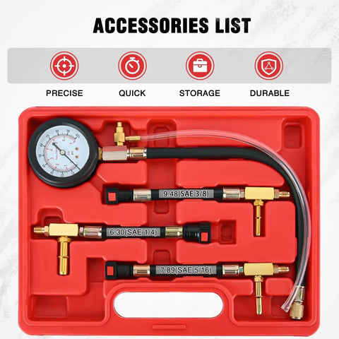 Fuel Pressure Tester Kit 0-100 PSI With Quick Connects 1/4 3/8 5/16 Fittings in red carrying case