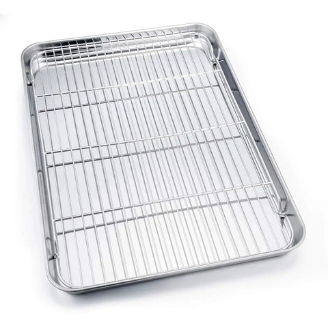 Stainless Steel Baking Sheet Set With Rack For Oven And Dishwasher Safe 19.6 Inch Two Pans And Two Racks on white background