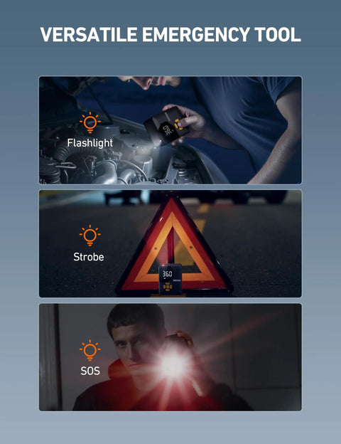 Versatile emergency tool with flashlight, strobe, and SOS modes shown in use with a person working on a car and a reflective triangle.