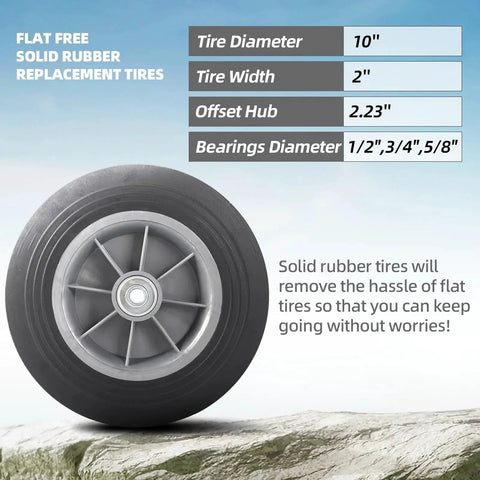 Two Pack 10 Inch Flat Free Solid Rubber Tire And Wheel Assembly with grey rubber wheel and size specifications chart