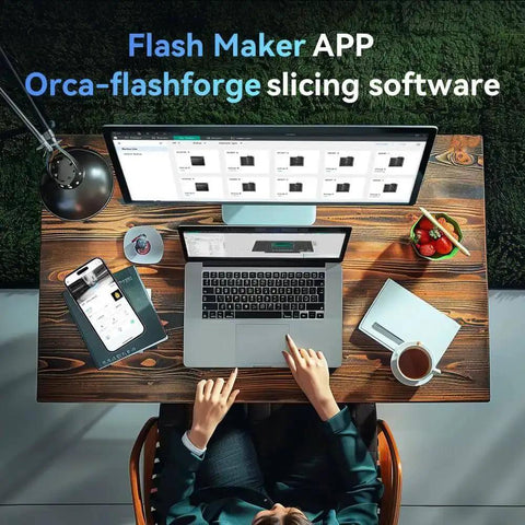 Person using laptop with Flash Maker APP and Orca-flashforge slicing software interface displayed on screen.