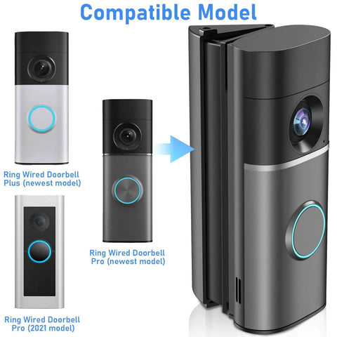 Adjustable Doorbell Angle Mount 35 To 55 Degrees For Wired Doorbell Pro Or Pro Plus Camera Mount Wedge Kit Left Or Right Universal Corner Holder Slick Install Sleek Mounting Bracket For Apartment Doors, showing compatible Ring Wired Doorbell models and camera setup.