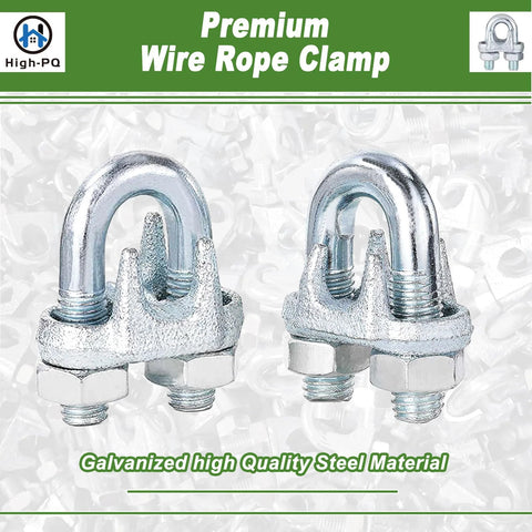 Two galvanized steel U-bolt wire rope clamps with nuts for securing 5/16 inch rope (M8 bolts), silver
