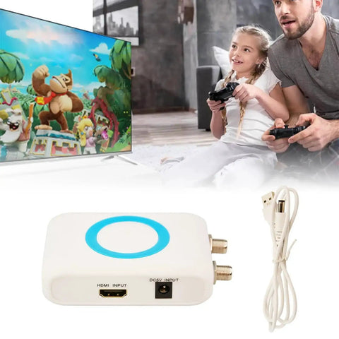 HDMI To RF Modulator For TV With PAL NTSC Output Plug And Play HDMI RF Converter shown with TV and video game scene