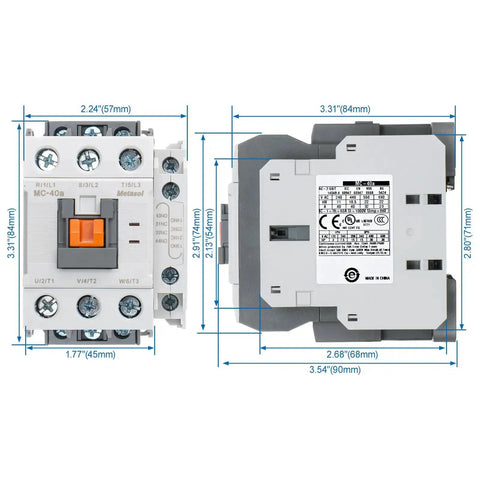 Three Pole Magnetic Contactor 60A 110V AC Coil With 2NO2NC Auxiliary Contacts DIN Rail Mount UL Listed detailed front and side view.