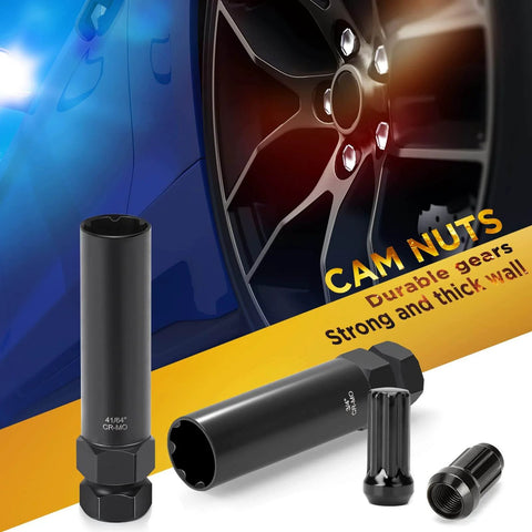 Two Piece 6 And 7 Spline Lug Nut Socket Set With Wheel Lock Key For No Fuss Quick Installation And Removal Of Aftermarket Spline Drive Lug Nuts Includes 41/64 Inch For M12 Series And 3/4 Inch For M14 Series, shown with a car wheel in the background.