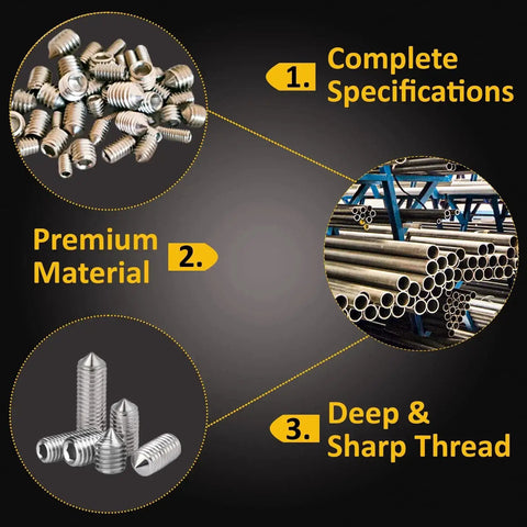 Cone Point Set Screws Kit, 48 Pcs M3 To M6 Hex Head Grub Screws In 304 Stainless Steel, close-up view highlighting features.