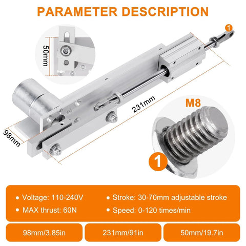 30-70mm Stroke 12V DC Linear Actuator With 0-120RPM Variable Speed Reciprocating Motor, 60N Thrust, M8 Threaded Rod diagram