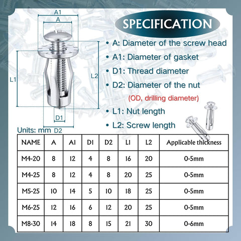Petal Nut Expansion Screws Kit For Metal Frames 50Pcs Jack Nuts M4 M5 M6 M8 Heavy Duty Galvanized Carbon Steel Rustproof Rivet Nuts Fasteners specifications chart