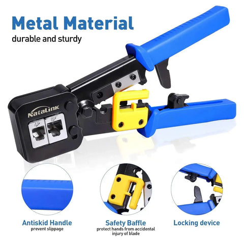 Metal material Pass Through RJ45 Crimp Tool Kit All In One Ethernet Crimper with blue handles and safety features