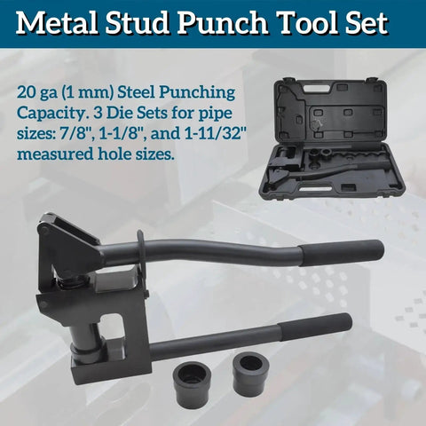 Manual Lever Sheet Metal Hole Punch Kit for 20Gauge Steel with 7/8 Inch, 1-1/8 Inch, and 1-11/32 Inch Dies displayed in case