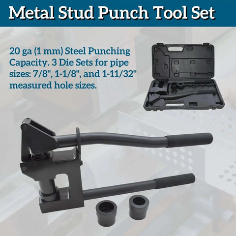 Workhorse Manual Metal Stud Punch Tool Kit for 20 Gauge Sheet Metal, aluminum head, 3 dies, with carrying case, for cabinet fabrication.