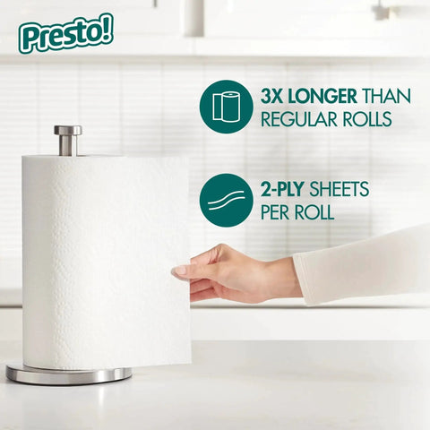Ultra-Strong Premium Paper Towels With 158-Sheet 2-Ply Huge Roll, Flex-A-Size Design, showing roll on holder in kitchen.