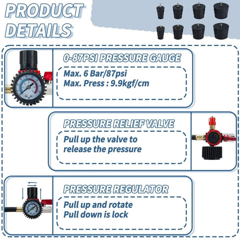 Turbo System Leak Tester Kit With Pressure Gauge And Four Pairs Of Stepped Adapters From One And Three Eighths Inch To Three And A Half Inch For Turbocharger Boost Leak Detection On Cars And Light Trucks product features