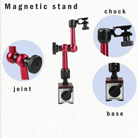 Red Adjustable Magnetic Base Holder For Digital Dial Indicator With Three Joints And Easy On Off Move Base