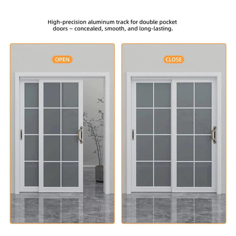 6 Foot Aluminum Bypass Sliding Door Hardware Kit For Two Doors With Finger Pulls Quiet Smooth Rollers Track Set In Silver Finish Fits Doors 1 3 8 To 1 3 4 Inches Thick Supports Up To 150 Lbs Ideal For Closets And Room Dividers shown installed, open and closed positions in a modern room setting.