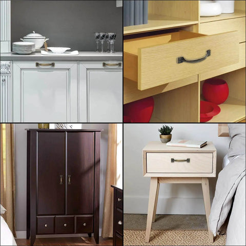 Rustic Bronze Cabinet Handles Set Of 8 Five And A Half Inch Curved Metal Drawer Pulls installed on various furniture.