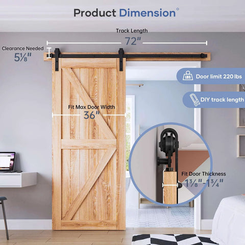 6 Ft Heavy Duty Sliding Barn Door Hardware Track Kit With J Pulley, Smooth Quiet Ball Bearing Rollers, Easy Install