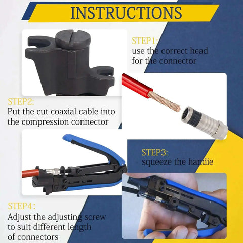 Instructions for using Coax Cable Crimping Kit With Adjustable Compression Tool For RG6 RG59 RG11 demonstrating setup steps