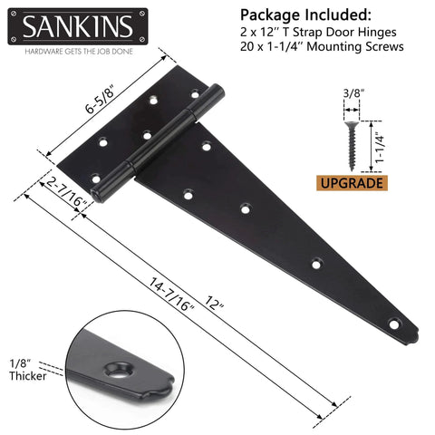 Heavy Duty 12 Inch T Strap Hinges Black For Wooden Fences Yard Doors Barn Doors And Gates Rustproof Two Pack Thick One Eighth Inch Steel.