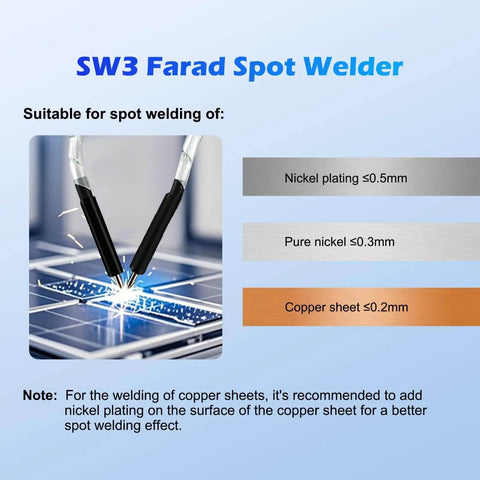 Image showing SW3 Farad Spot Welder in use on battery components, suitable for nickel plating, pure nickel, and copper sheets welding.