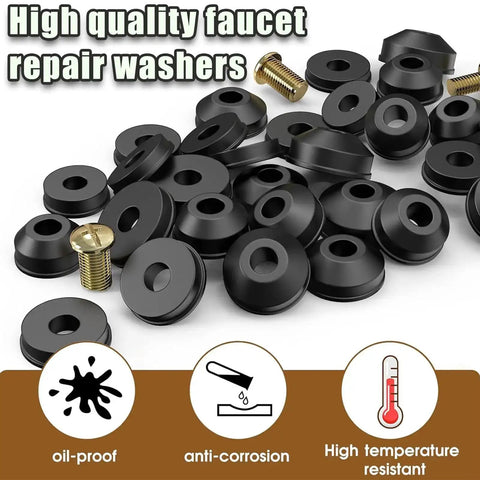 48 Piece Outdoor Faucet Washer Kit With Brass Screws And Flat And Beveled Washers for quick faucet repairs shown with washers and screws.